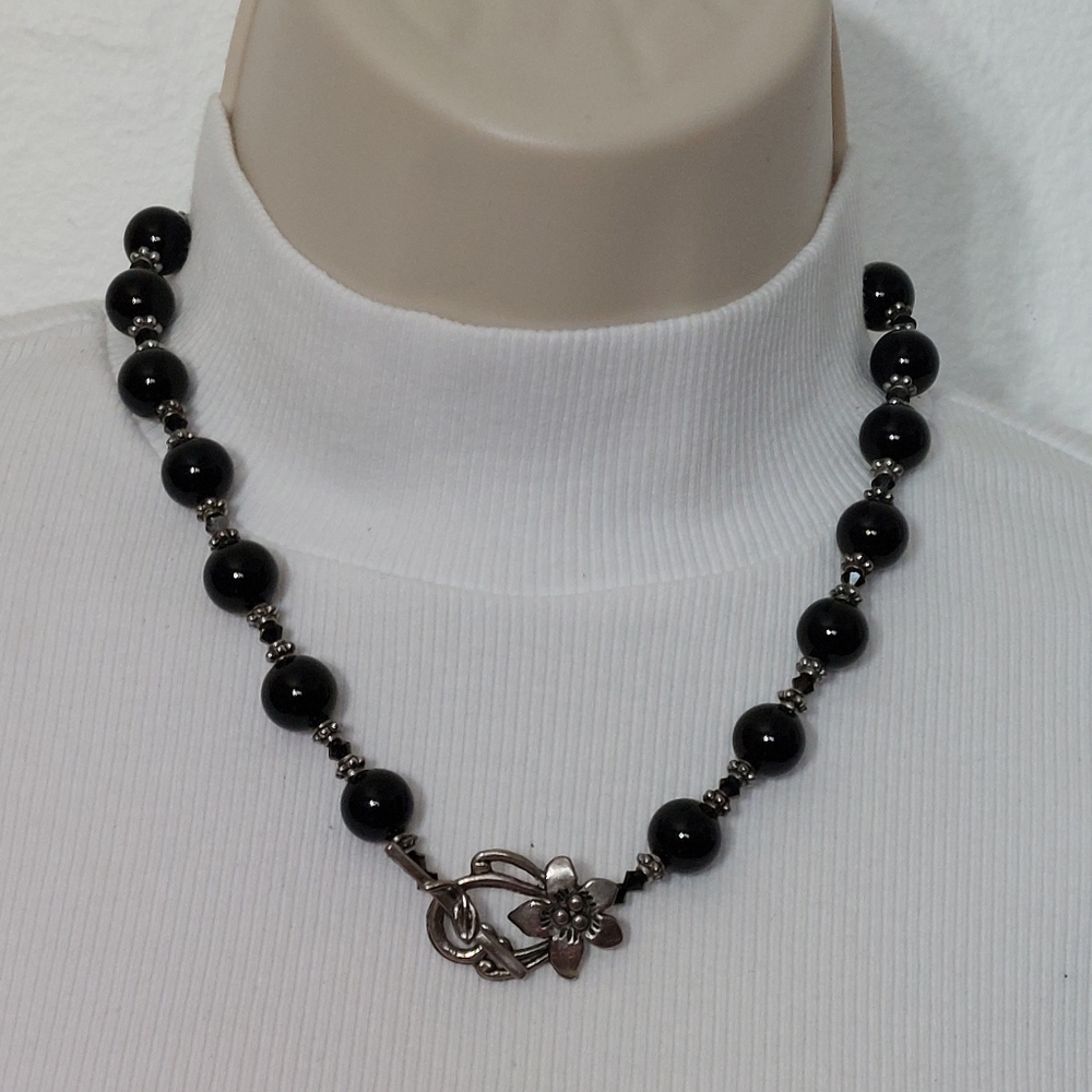 Black Glass Beads Statement Necklace Silvertone Spacers Flower Toggle Clasp